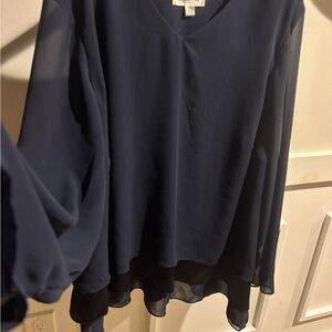 Coldwater Creek Navy V-Neck Sheer-Layer Blouse